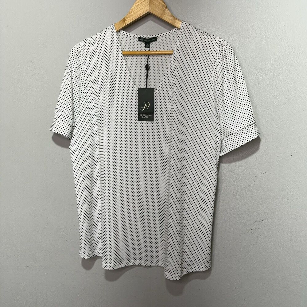 Adrianna Papell Top Women’s Size XL White & Black Polka Dot V-Neck Short Sleeve - Picture 5 of 10